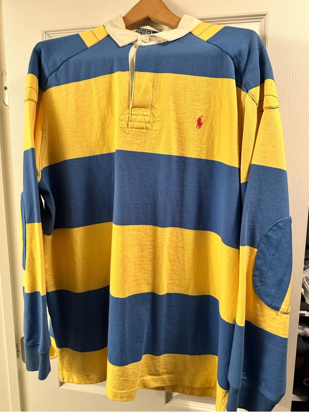 Vintage Ralph Lauren White Collar Yellow & Light Blue Rugby Shirt